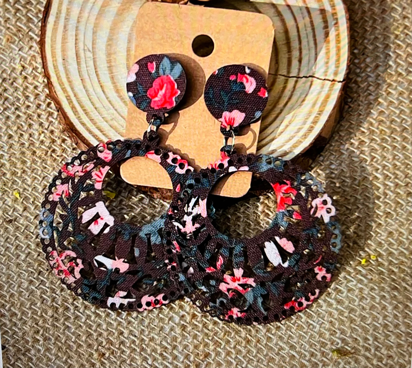 BOHEMIAN ETHNIC FABRIC PRINT WOOD EARRINGS ER189