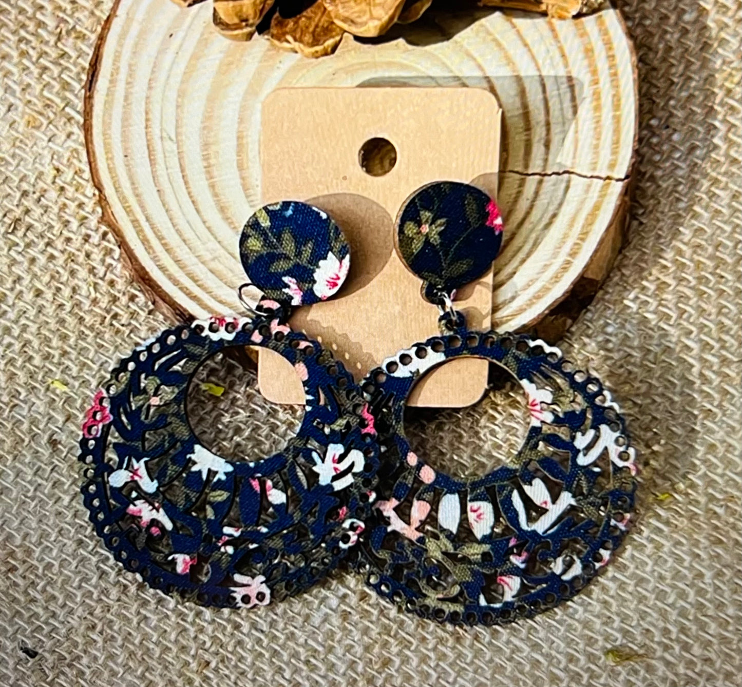 BOHEMIAN ETHNIC FABRIC PRINT WOOD EARRINGS ER189