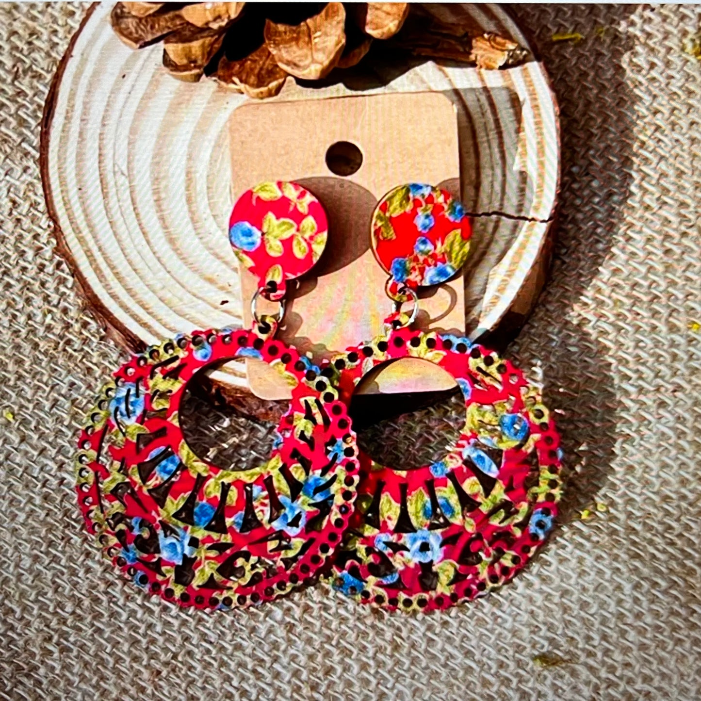 BOHEMIAN ETHNIC FABRIC PRINT WOOD EARRINGS ER189