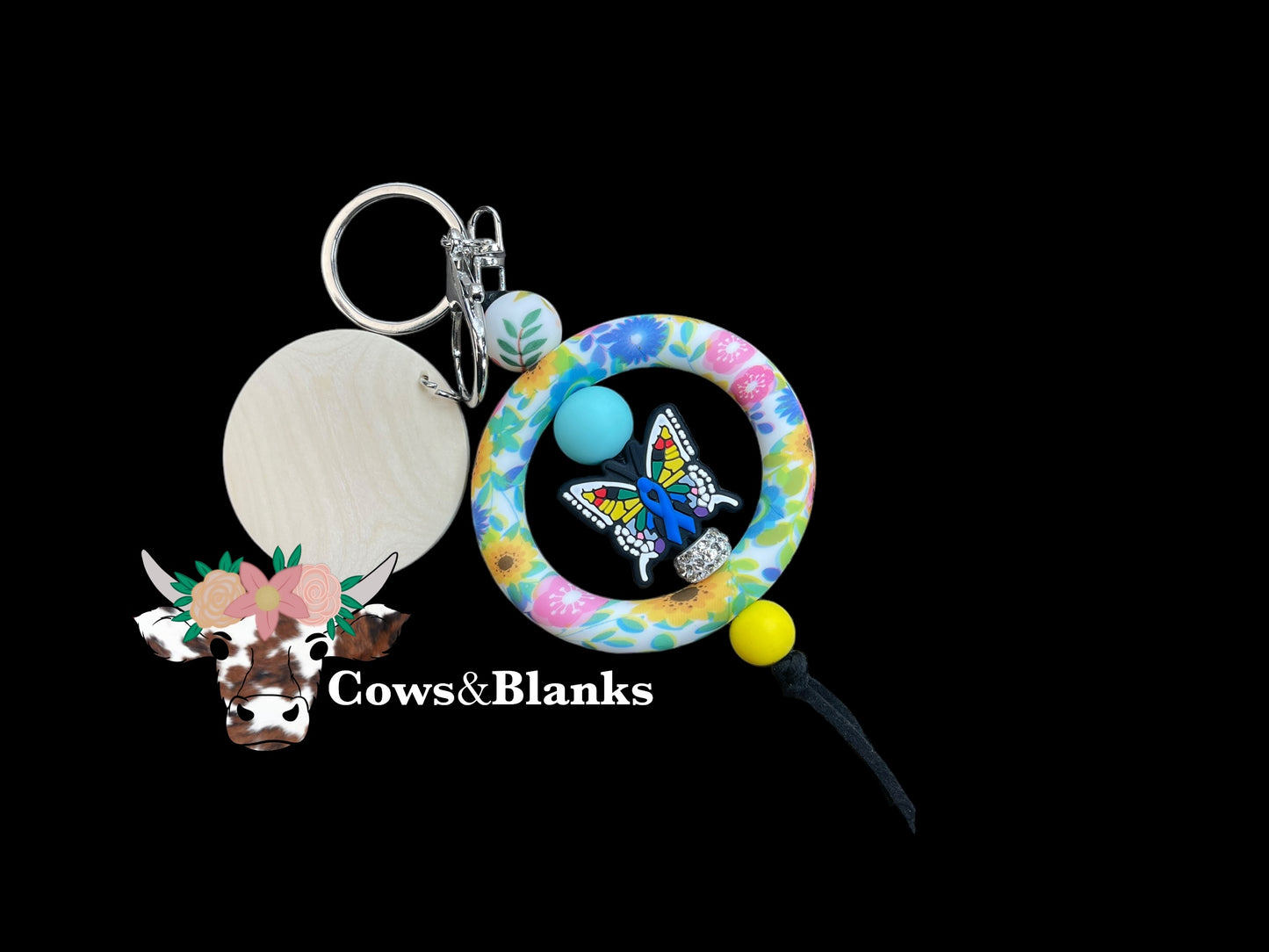 Charm/Key Ring Decorative Silicone Ring with Decorative Bead in the Center With Wooden Disc