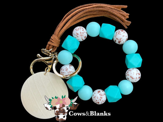 Cow Themed Dark and Light Teal Silicone Stretch Wristlet Bracelet Keychain with Wooden Disc