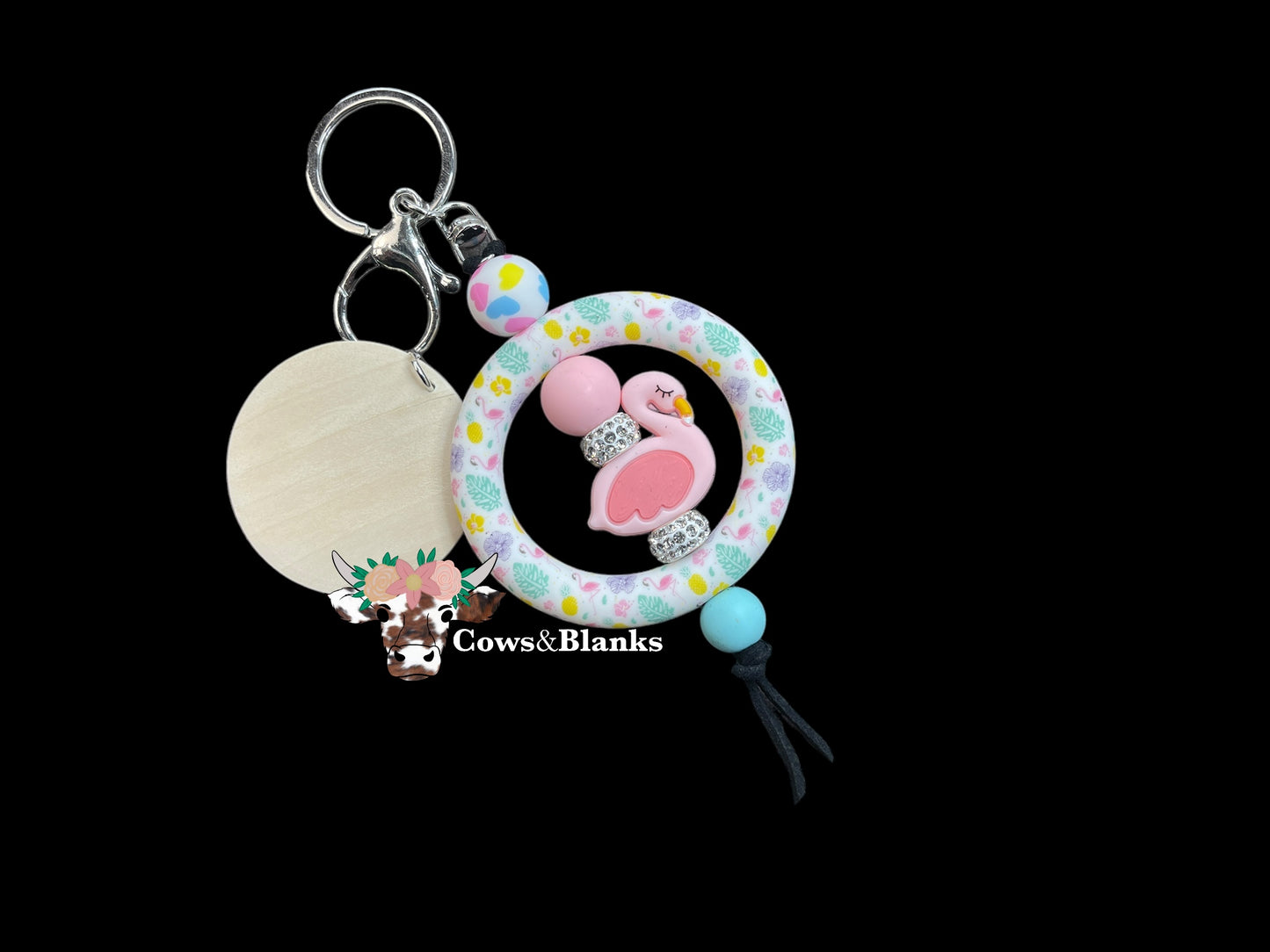 Charm/Key Ring Decorative Silicone Ring with Decorative Bead in the Center With Wooden Disc