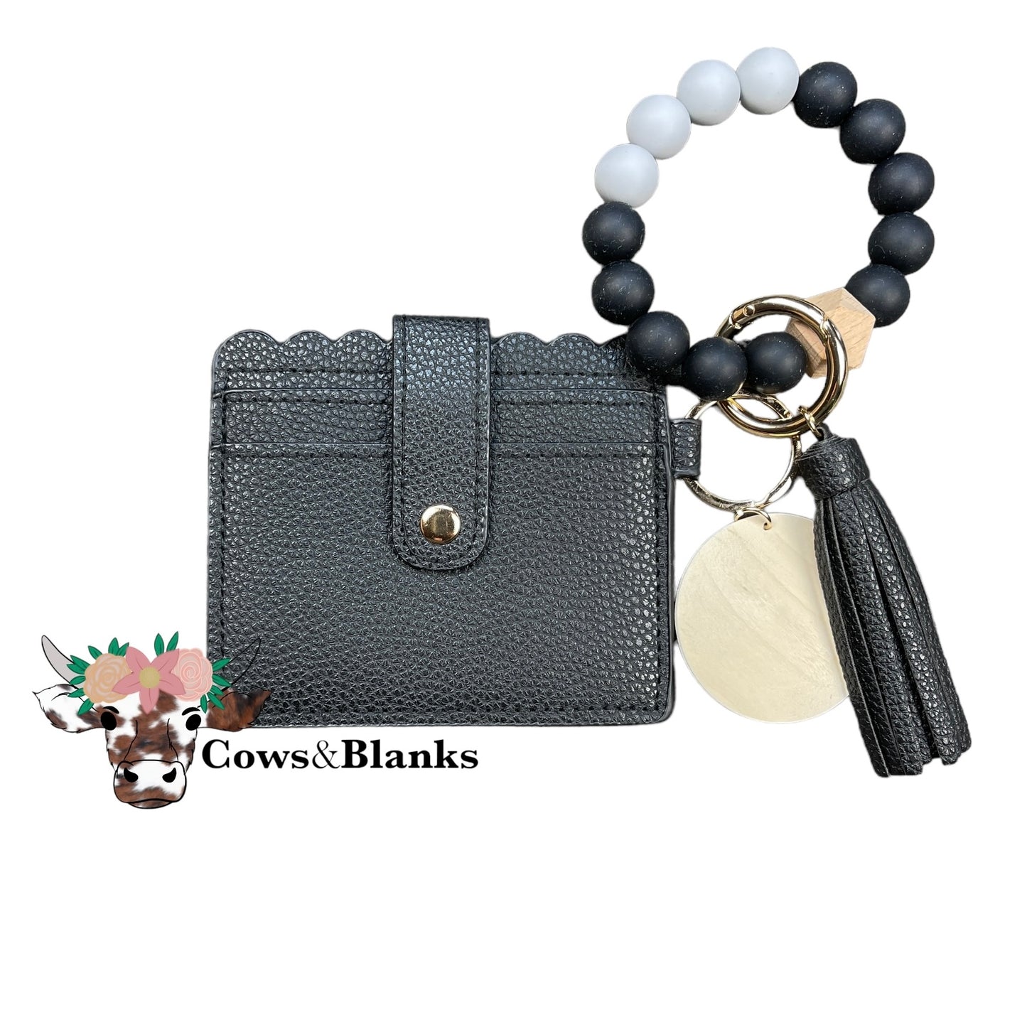Wallet/Wristlet with Solid Black Cardholder and a Silicone White and Black Wristlet with Wooden Accent Bead