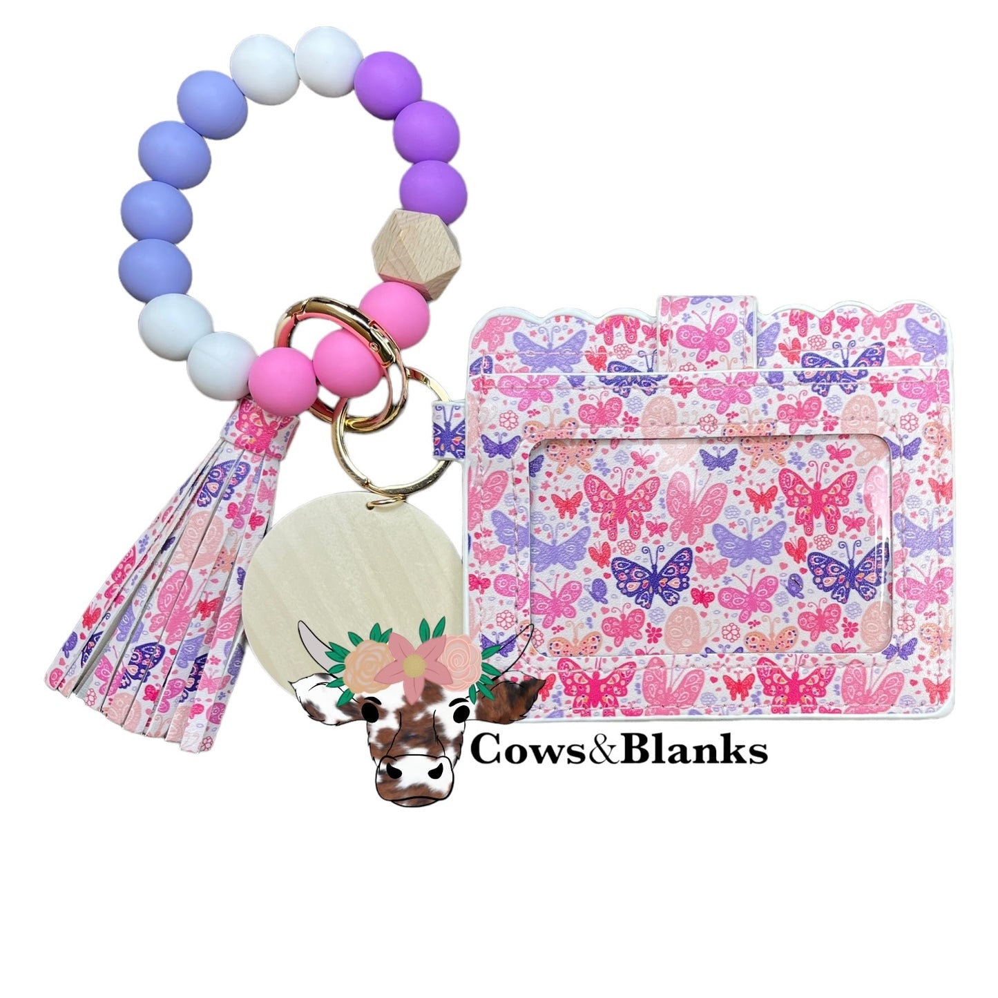 Wallet/Wristlet with Butterflies Covering the Cardholder With a Coordinating Silicone White, Pink and Purple Wristlet with Wooden Disc and Matching Tassel