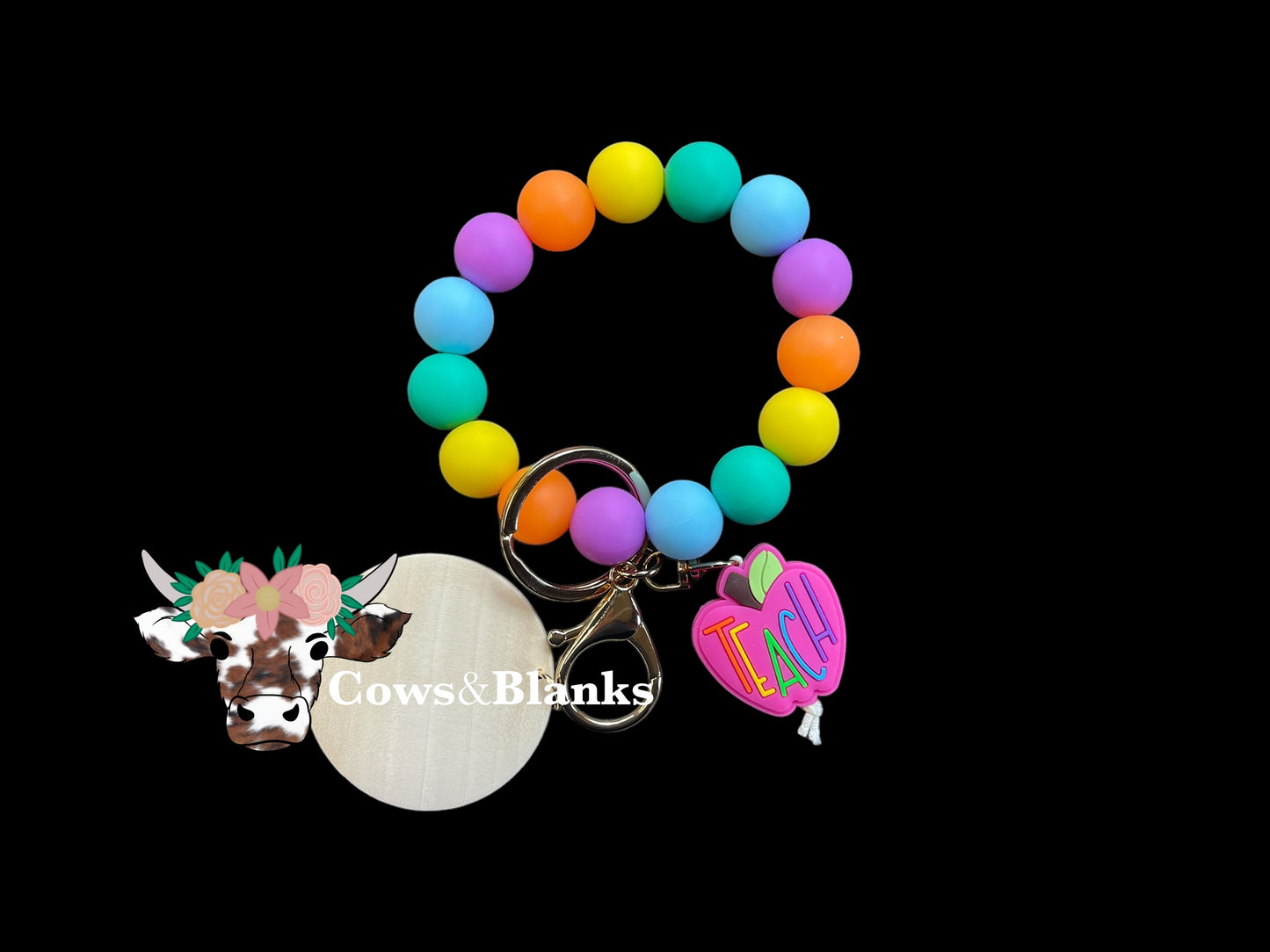 Teach Multicolored Silicone Stretch Beaded Wristlet Bracelet Keychain with a Pink Apple with Gold Hardware and a Wooden Disc