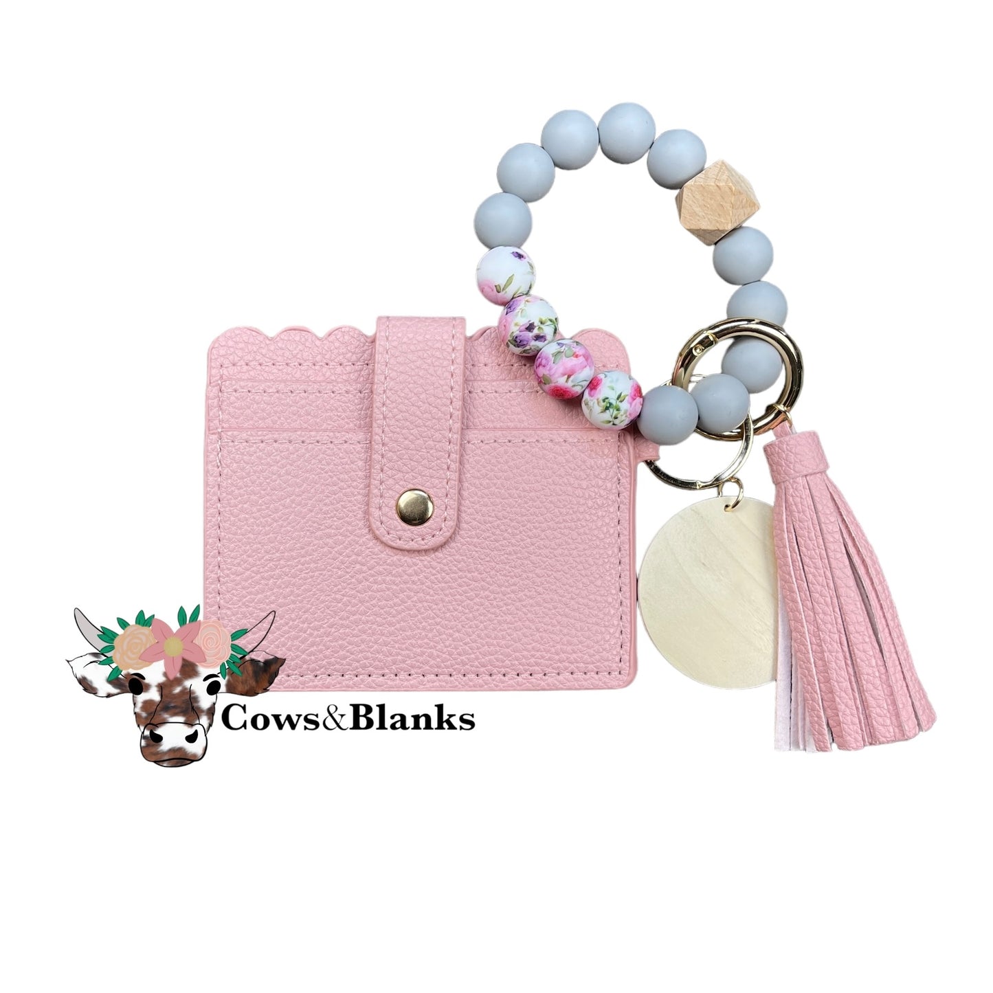 Wallet/Wristlet with Solid Pink Cardholder and a Silicone Soft Blue and Pink Floral Beaded Wristlet with a Wooden Accent Bead