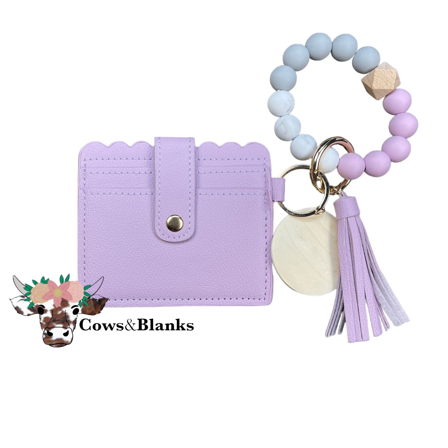 Wallet/Wristlet with Solid Lavender Cardholder and a Gray, Marble, and Lavender Silicone Beaded Wristlet with a Wooden Accent Bead and Lavender Tassel.