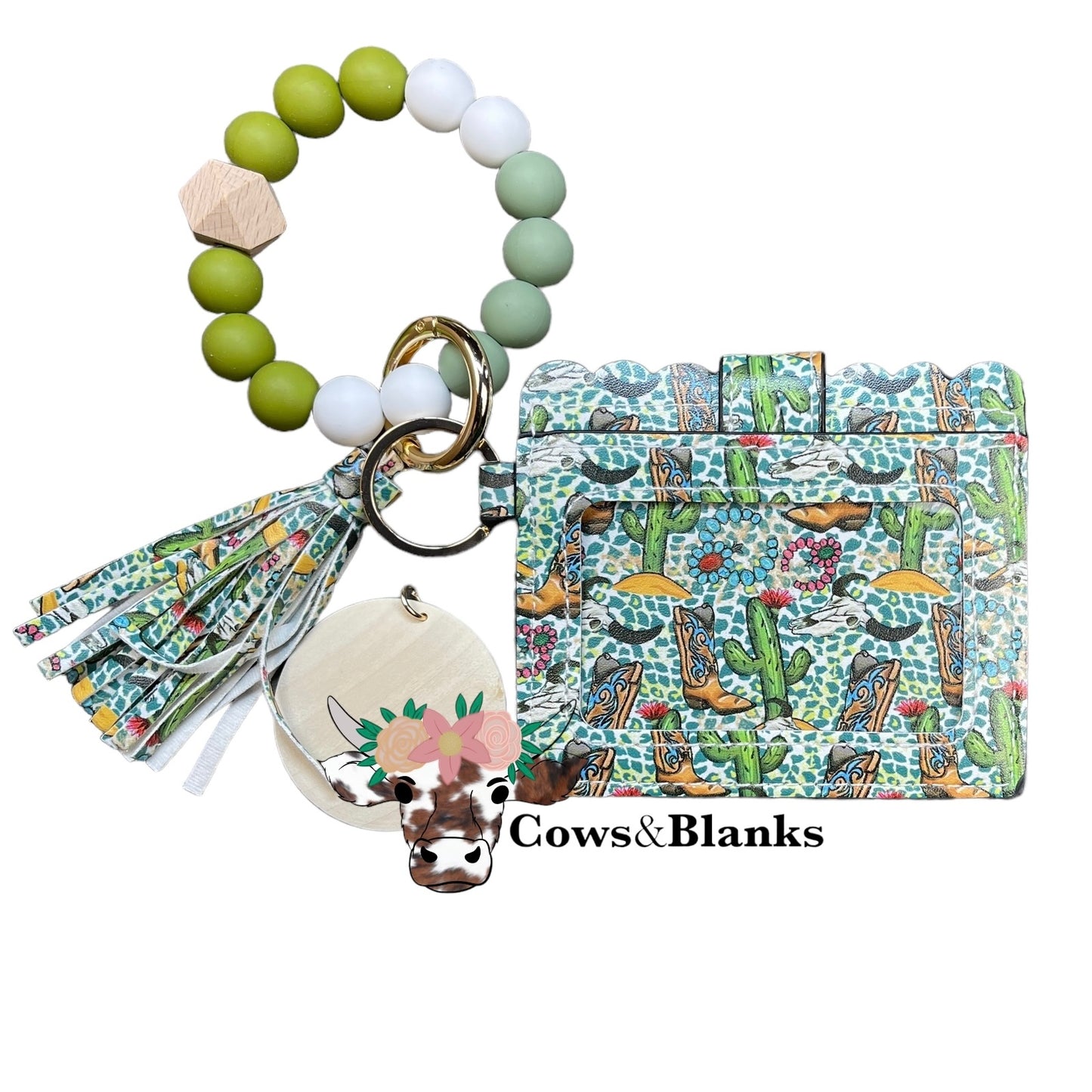 Wallet/Wristlet with Western Style Cardholder and a Aqua, Olive, and White Silicone Beaded Wristlet with a Wooden Accent Bead and a Matching Tassel.