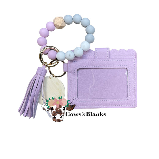 Wallet/Wristlet with Solid Lavender Cardholder and a Gray, Marble, and Lavender Silicone Beaded Wristlet with a Wooden Accent Bead and Lavender Tassel.