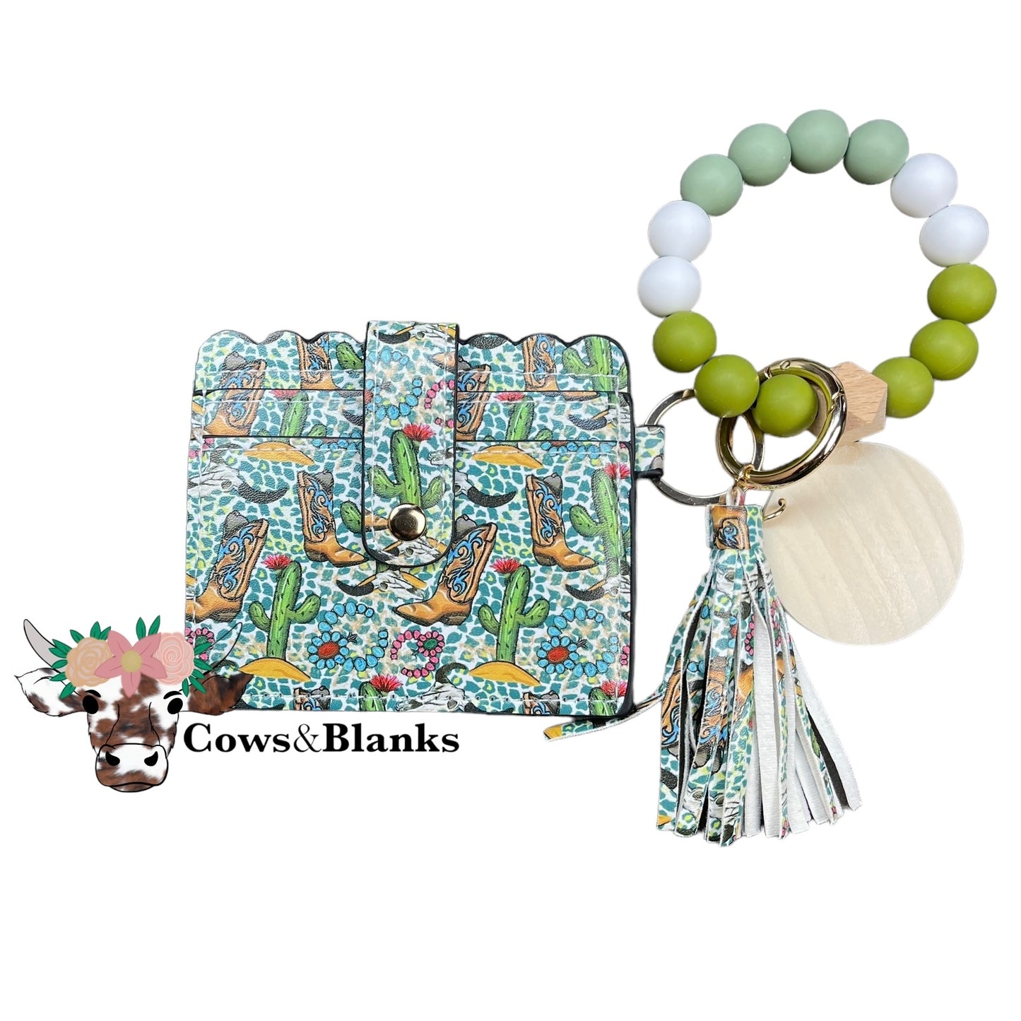 Wallet/Wristlet with Western Style Cardholder and a Aqua, Olive, and White Silicone Beaded Wristlet with a Wooden Accent Bead and a Matching Tassel.