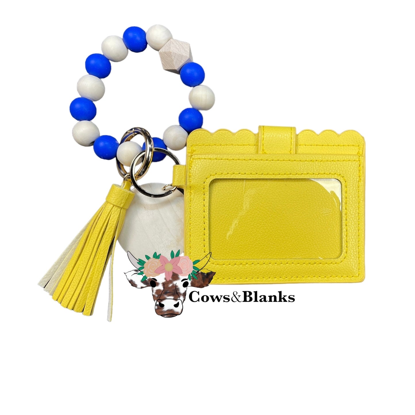 Wallet/Wristlet with Solid Sunny Yellow Cardholder and a Blue and White Silicone Beaded Wristlet with a Wooden Accent Bead