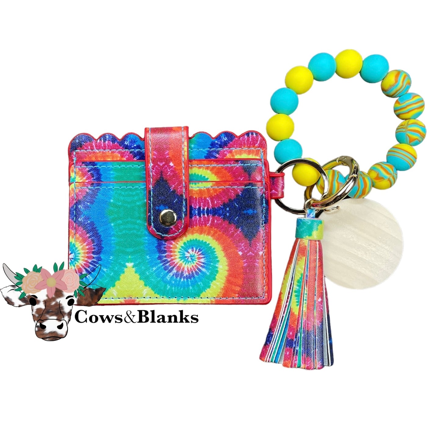 Wallet/Wristlet with Tie Die Cardholder and a Yellow, Turquoise, and Spiraled Turquoise/Yellow Silicone Beaded Wristlet with Matching Tassel