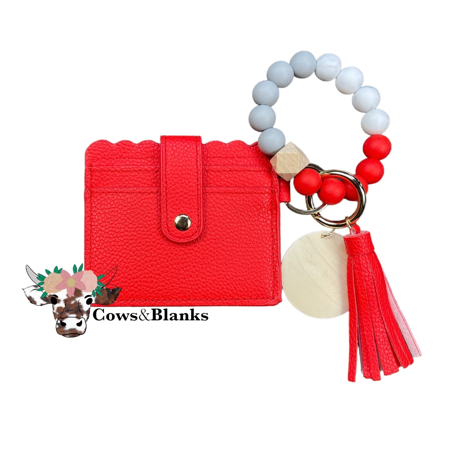 Wallet/Wristlet with Solid Red Cardholder with a White Marble, Red, and Gray Silicone Beaded Wristlet with a Wooden Accent Bead, Gold Hardware, Matching Tassel, and a Wooden Disc