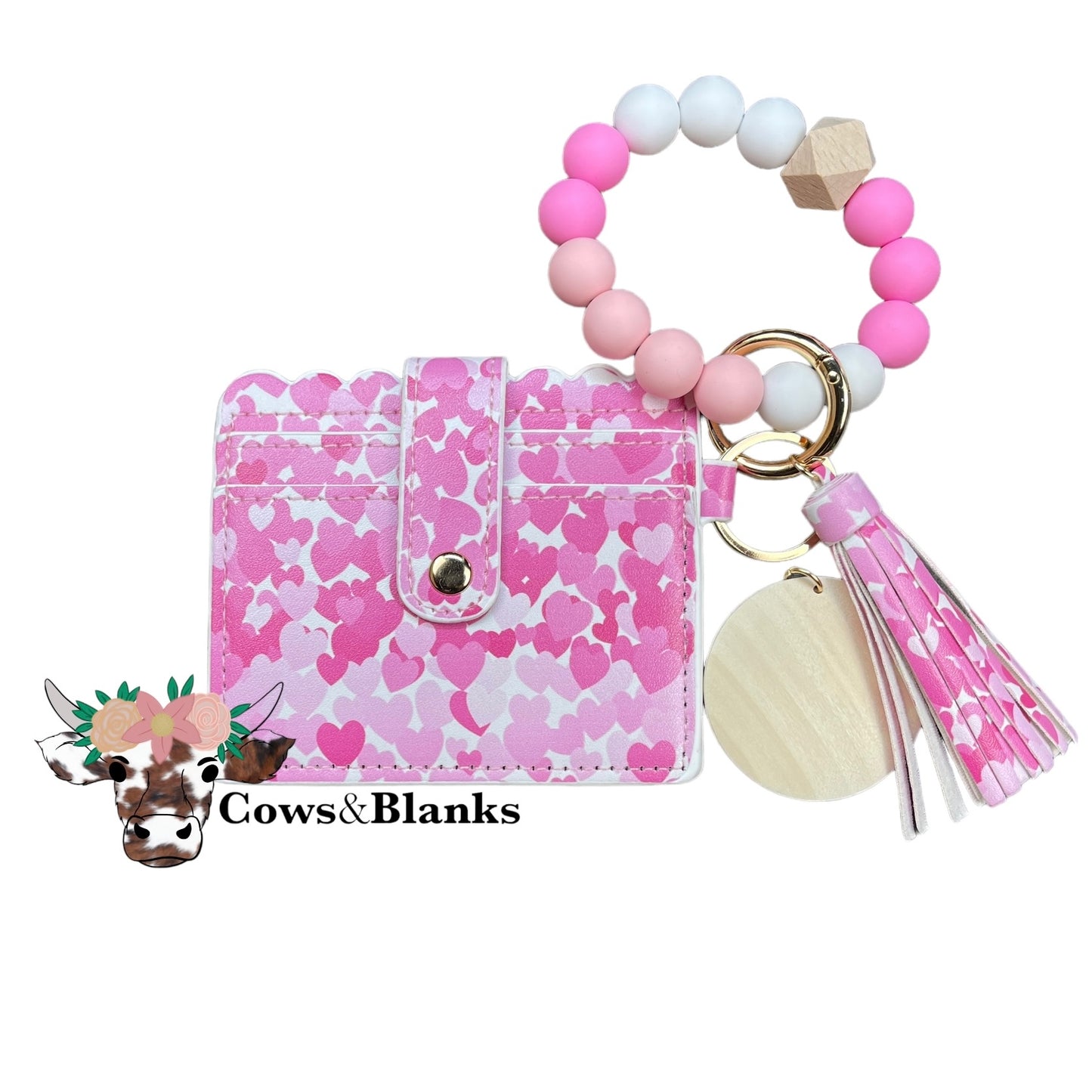 Wallet/Wristlet with White with Dark and Light Pink Heart Cardholder with a White, Pink, and Light Pink Silicone Beaded Wristlet with a Wooden Accent Bead, Gold Hardware, Matching Tassel, and a Wooden Disc