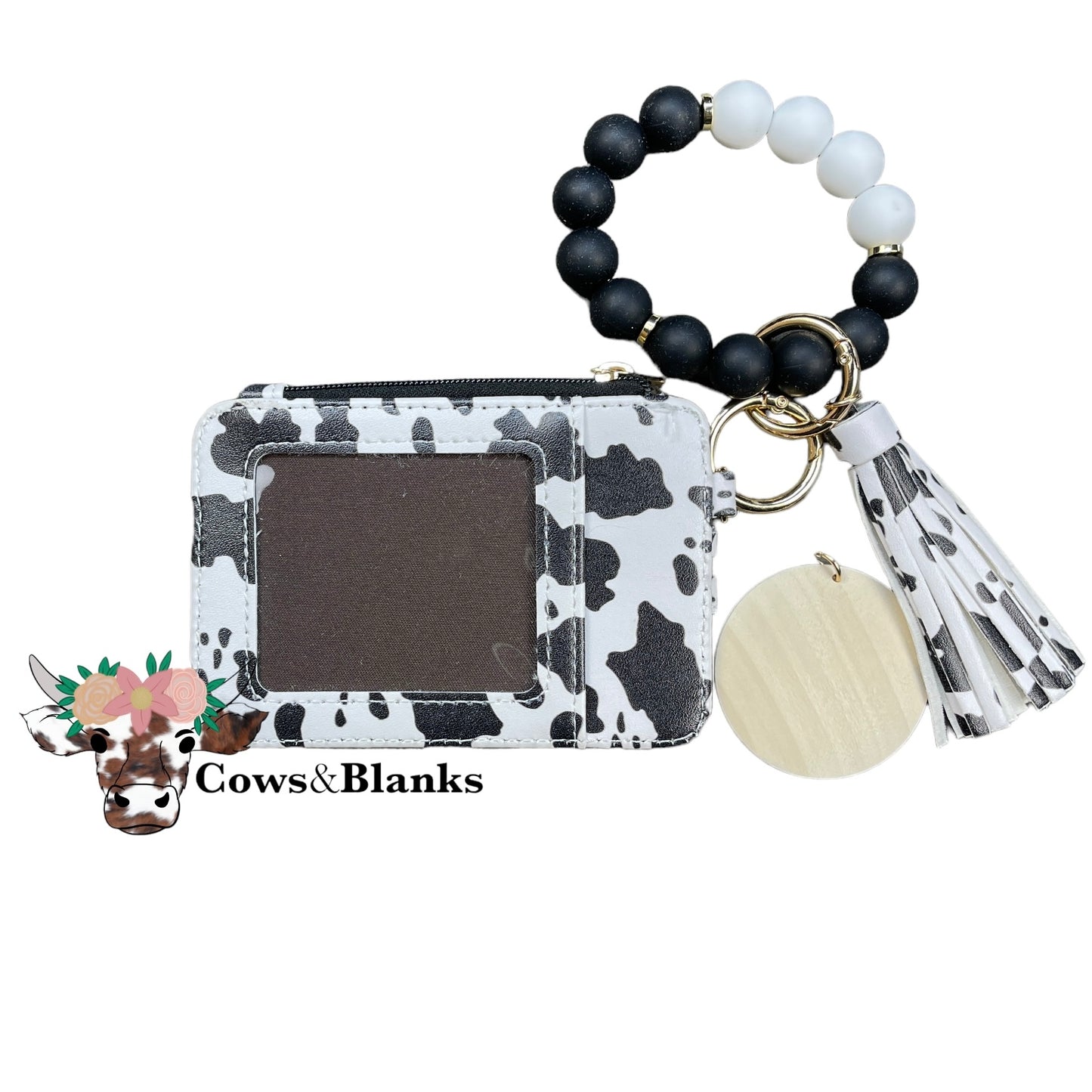 Wallet/Wristlet with Black and White Cow Print Cardholder with a Black and White Silicone Beaded Wristlet with Gold Hardware, Matching Tassel, and a Wooden Disc