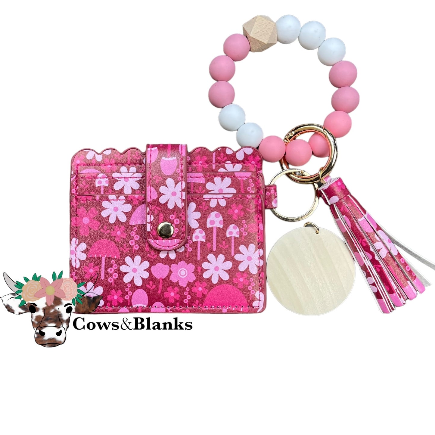 Wallet/Wristlet with Dark Pink and Contrasting Pink Flowers and Mushrooms Cardholder with a White, LIght Mauve, and Mauve Pink Silicone Beaded Wristlet with a Wooden Accent Bead, Gold Hardware, Matching Tassel, and a Wooden Disc