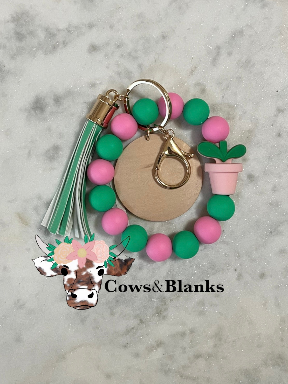 Potted Plant Hot Pink and Bright Green Wristlet with Wooden Disk and Tassel