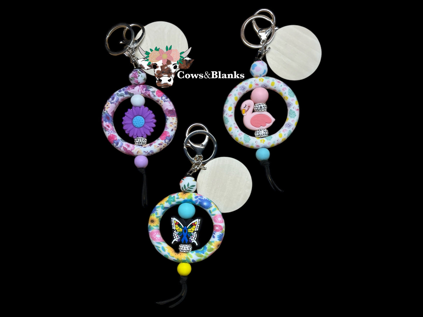 Charm/Key Ring Decorative Silicone Ring with Decorative Bead in the Center With Wooden Disc