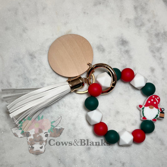 Christmas Gnome Silicone Bead with White, Red, & Green Accents Beaded Stretch Wristlet Bracelet Keychain with Wooden Disc and White Tassel