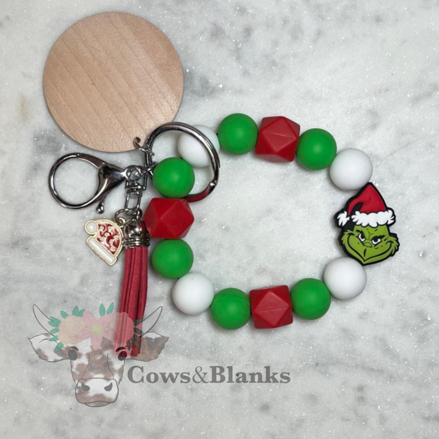 CHRISTMAS: YOU'FRE A MEAN ONE, MR.GRINCH! SILICONE BEADN WITH WHITE, RED AND GREEN ACCENTS BEADED STRETCH WRISTLET AND BRACELET WITH WOODEN DISC, RED TASSEL AND GRENCH CHARM