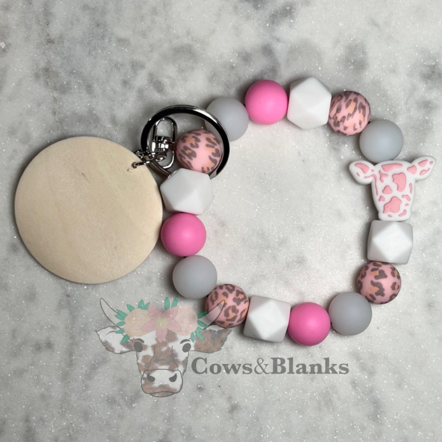 COW HEAD AND PRINT SILICONE BEADED STRETCH WRISTLET WITH WOODEN DISC