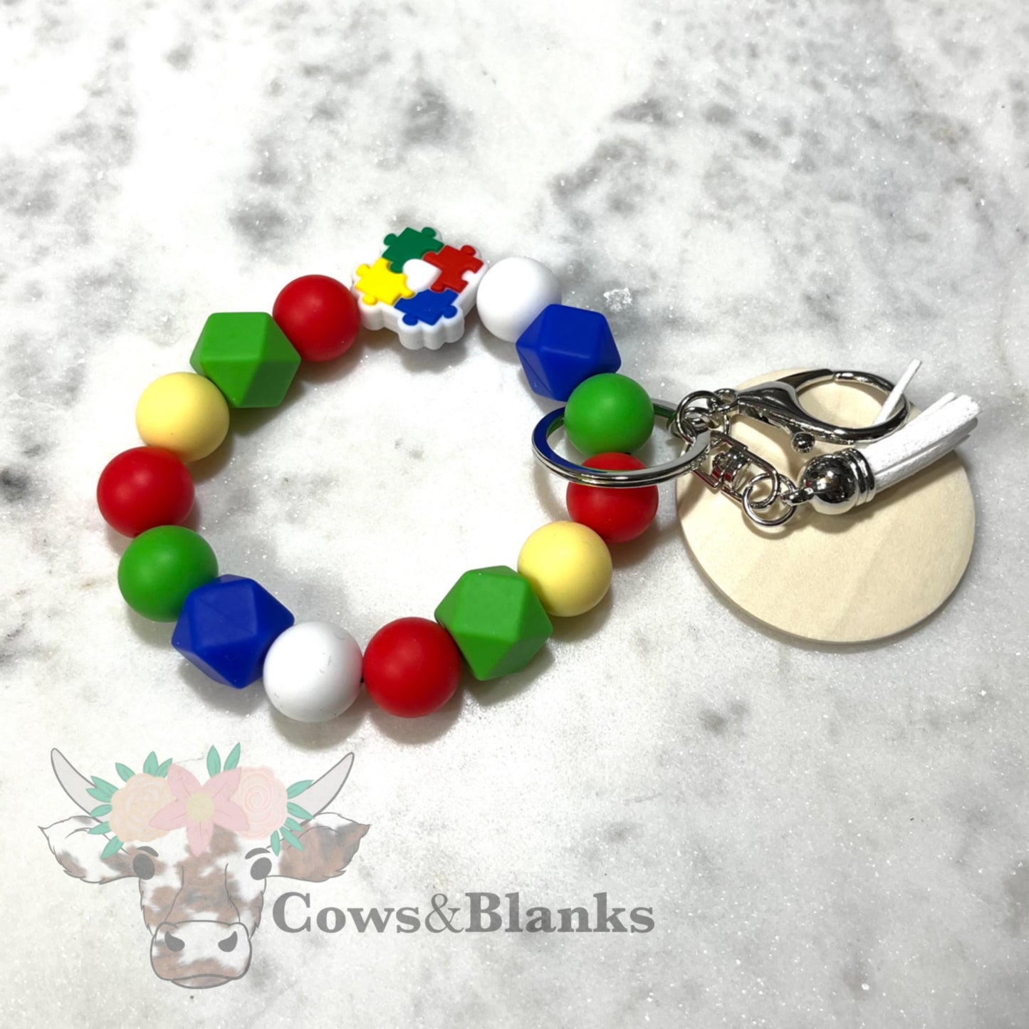 AUTISM AWARENESS SILICONE BEADED STRETCH WRISTLET BRACELET WITH WOODEN DISC