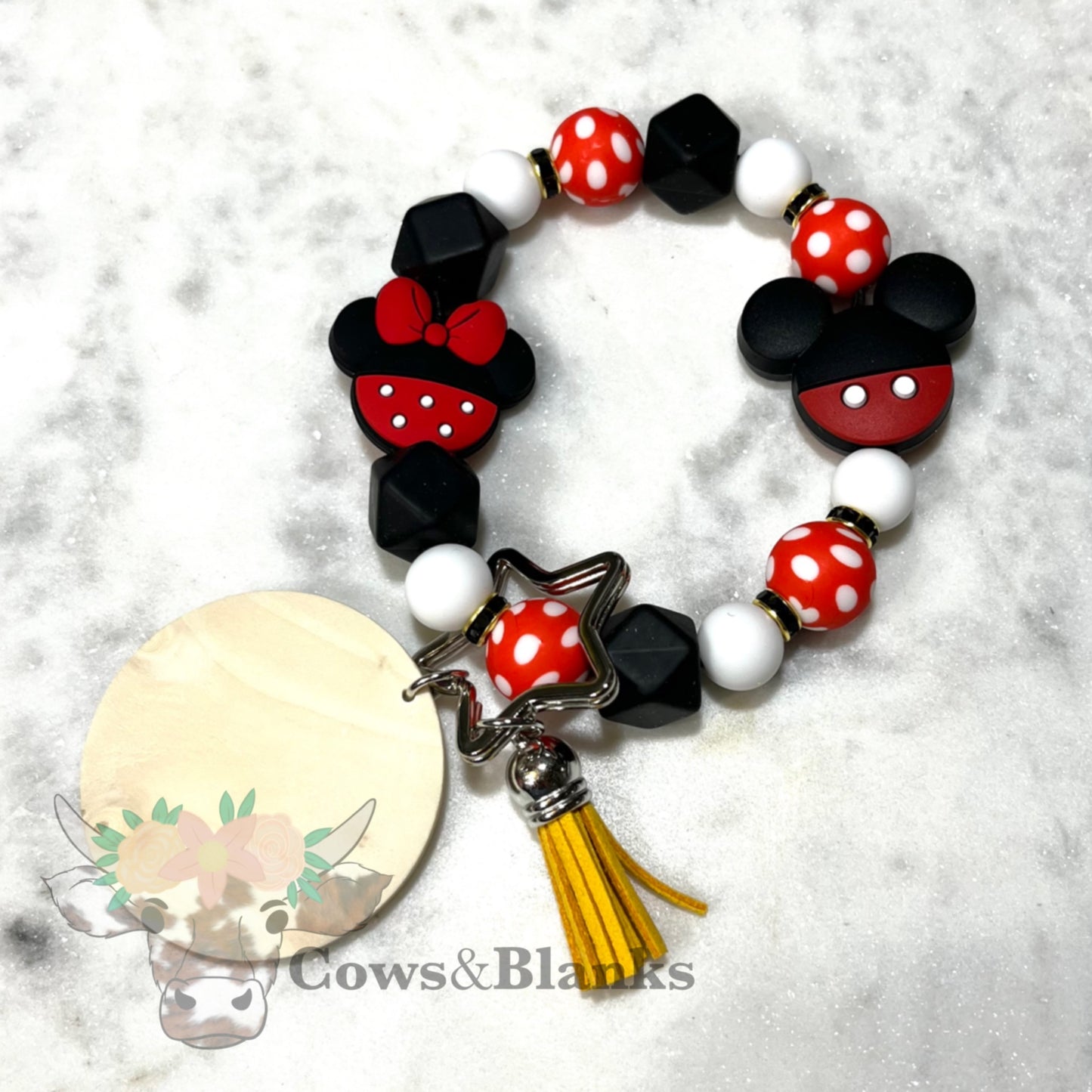 A2 Minnie and Mickey Red Mouse Charm Silicone Beaded Stretch Wristlet Bracelet Keychain with Wooden Disc