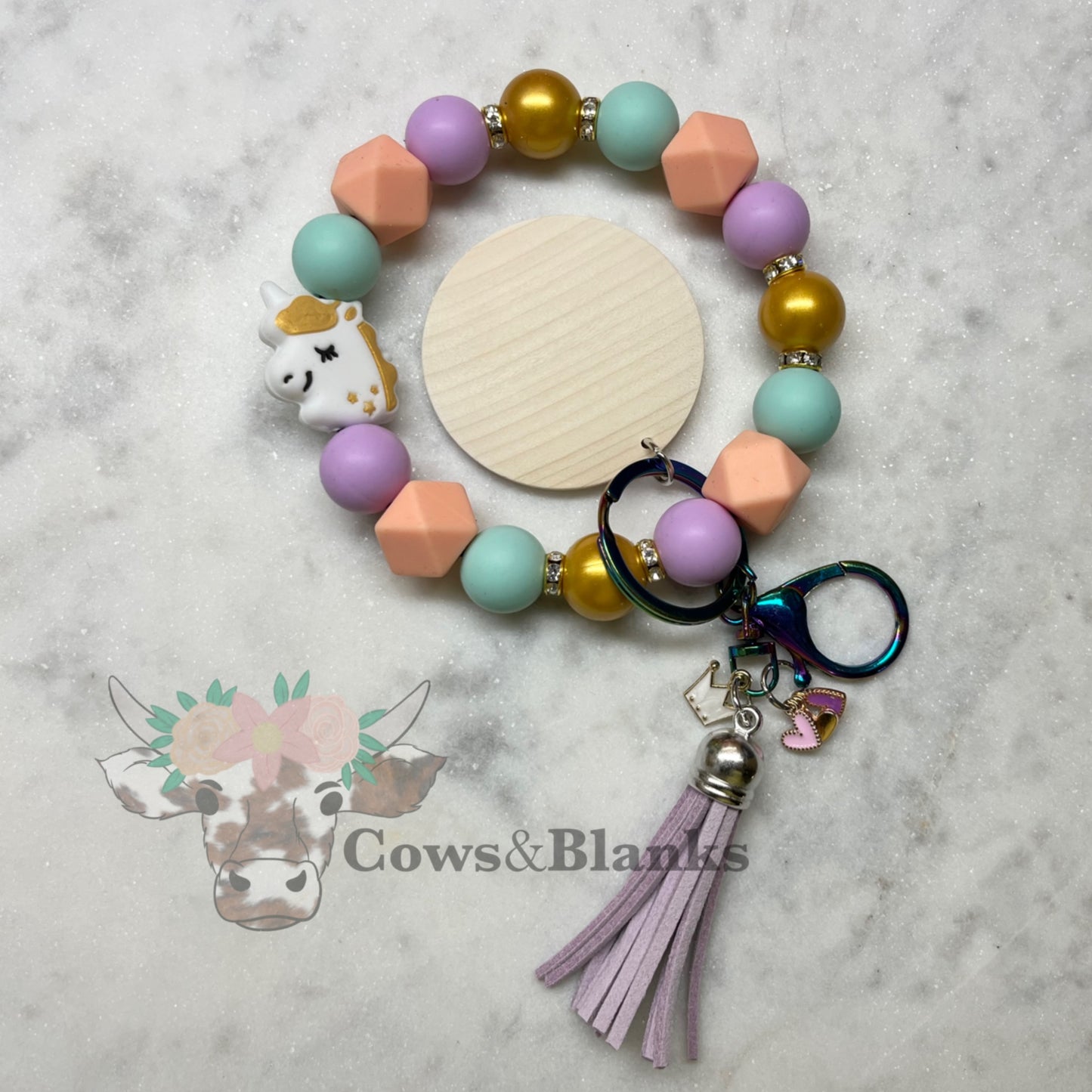 Unicorn Silicone Beaded Stretch Wristlet Bracelet  Keychain with Wooden Disc and Tassel