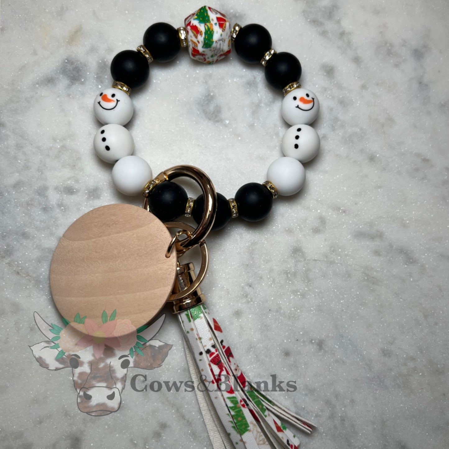 Christmas Snowman formed with Silicone Bead with Black Accent Beaded Stretch Wristlet Bracelet Keychain with Wooden Disc and Christmas Tassel