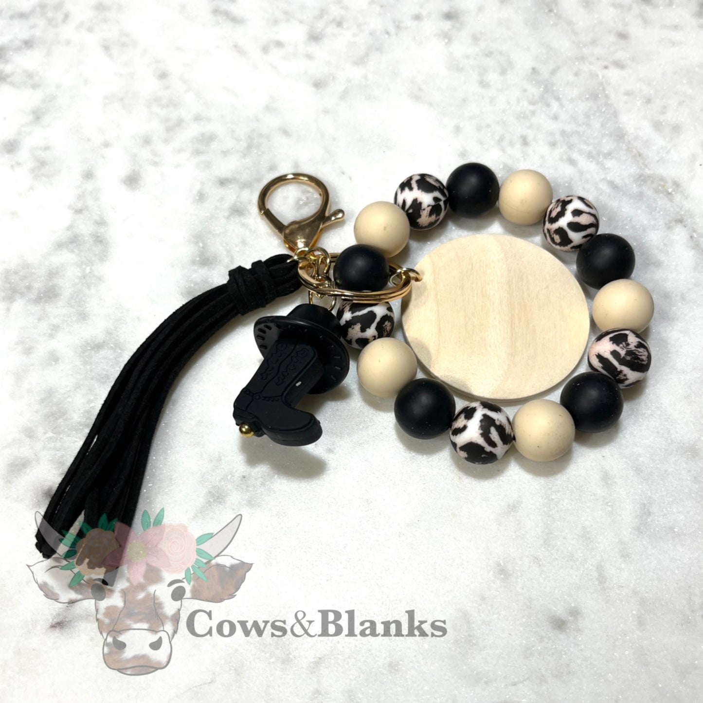 Western Cowboy Charm Silicone Beaded Stretch Wristlet Bracelet Keychain with Wooden Disc and Tassel