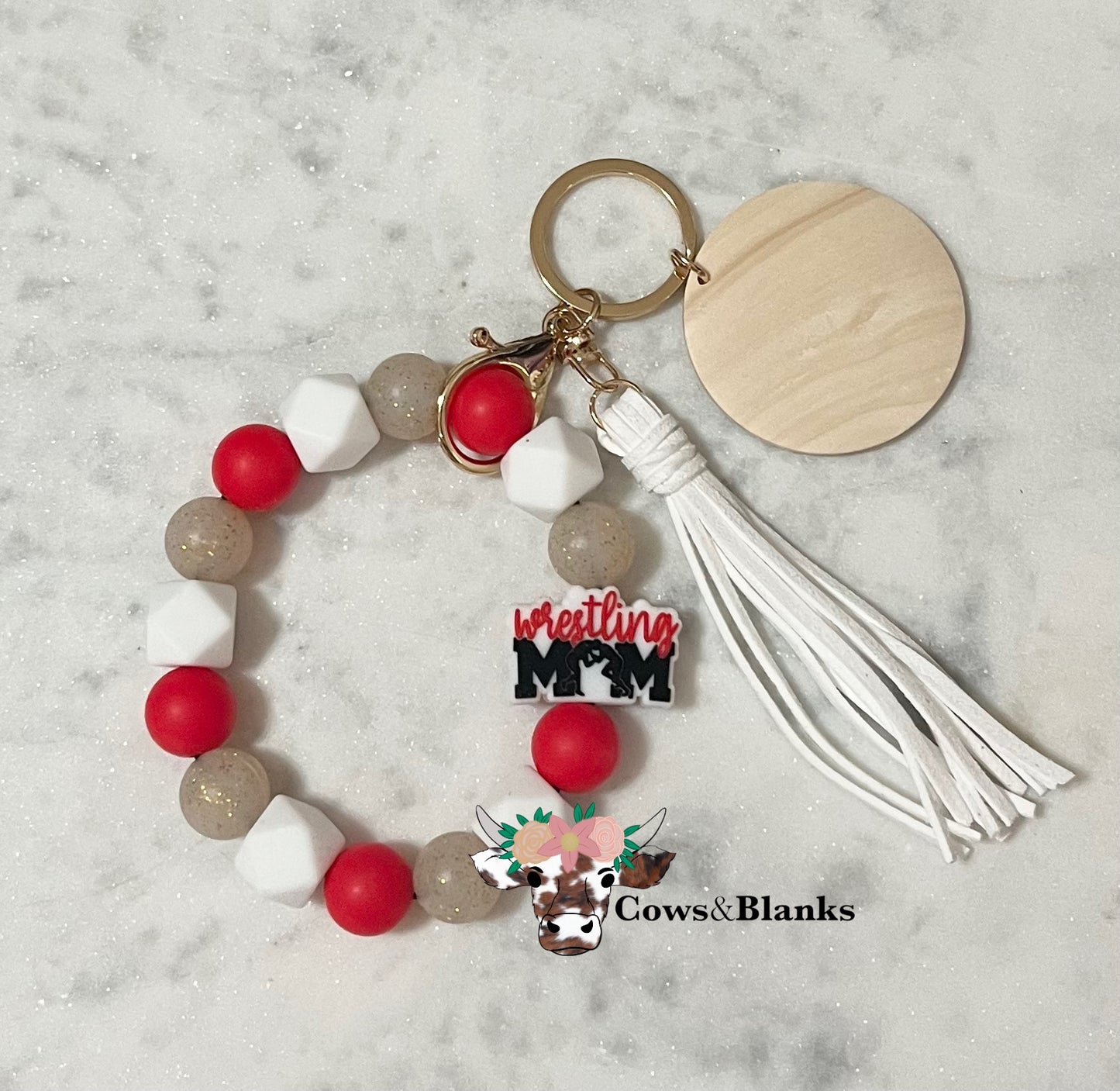 Proud Wrestling Mom Stretch Silicone Wristlet Key Chain With Tassel and Disc