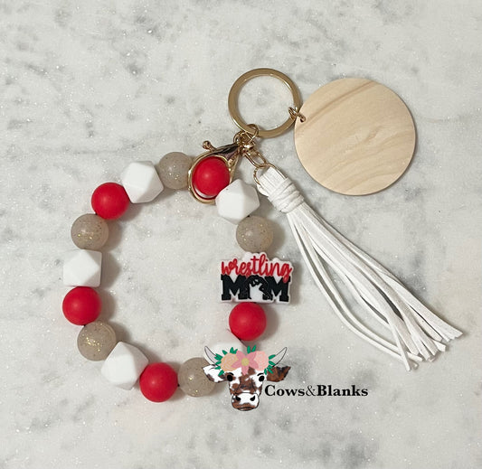 Proud Wrestling Mom Stretch Silicone Wristlet Key Chain With Tassel and Disc