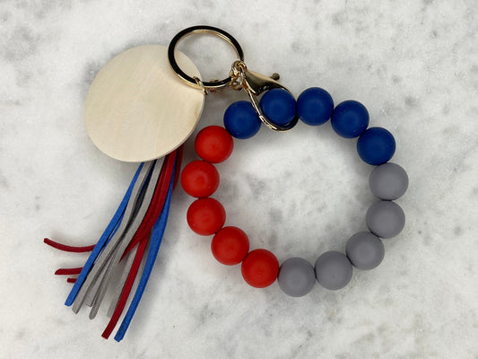 Trio Red, Blue and Gray Silicone Stretch Wristlet Bracelet Keychain with Wooden Disc and Tassel