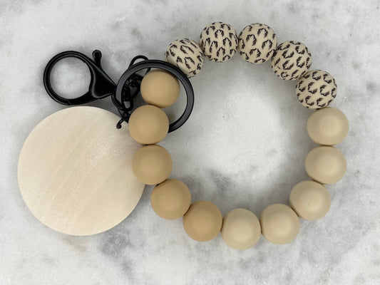 ANETLER CREAM SILICONE STRETCH BEADED WRISTLET BRACELET KEYCHAIN WITH WOODEN DISC