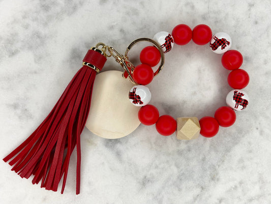 Christmas Moose Buffalo Check, Red Silicone and Wood Beaded Stretch Wristlet Bracelet Keychain with Wooden Disc and Tassel
