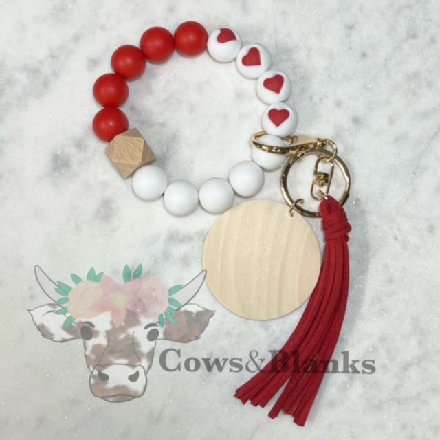 Valentine Heart Silicone Stretch Beaded Wristlet Bracelet Keychain with Wooden Disc