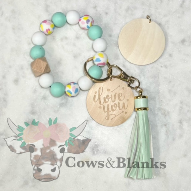 Springing Into Love Teal Silicone Beaded Stretch Wristlet Bracelet Keychain with Wooden Disc and Tassel