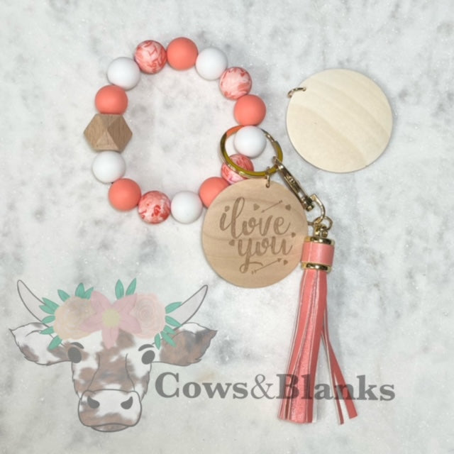 Valentine: I Love You Valentine Silicone Beaded Stretch Wristlet Bracelet Keychain with Two Wooden Disc and Tassel