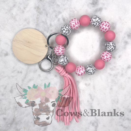 Save the TaTa's, Save the Boobies, Breast Cancer Awareness Silicone Stretch Wristlet Bracelet Keychain with Wooden Disc and Tassel
