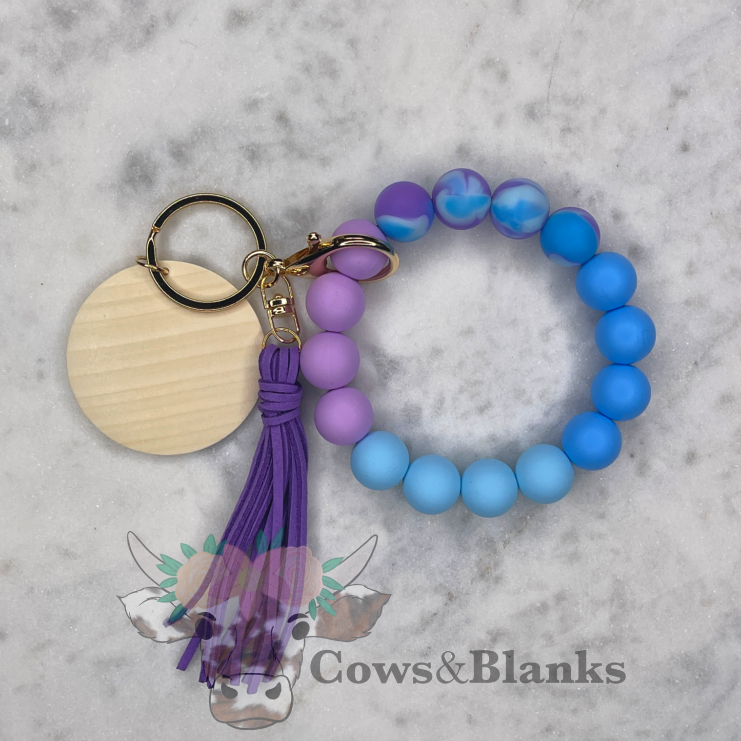 Galaxy Colorful Silicone Stretch Wristlet Bracelet Keychain with Wooden Disc and Tassel