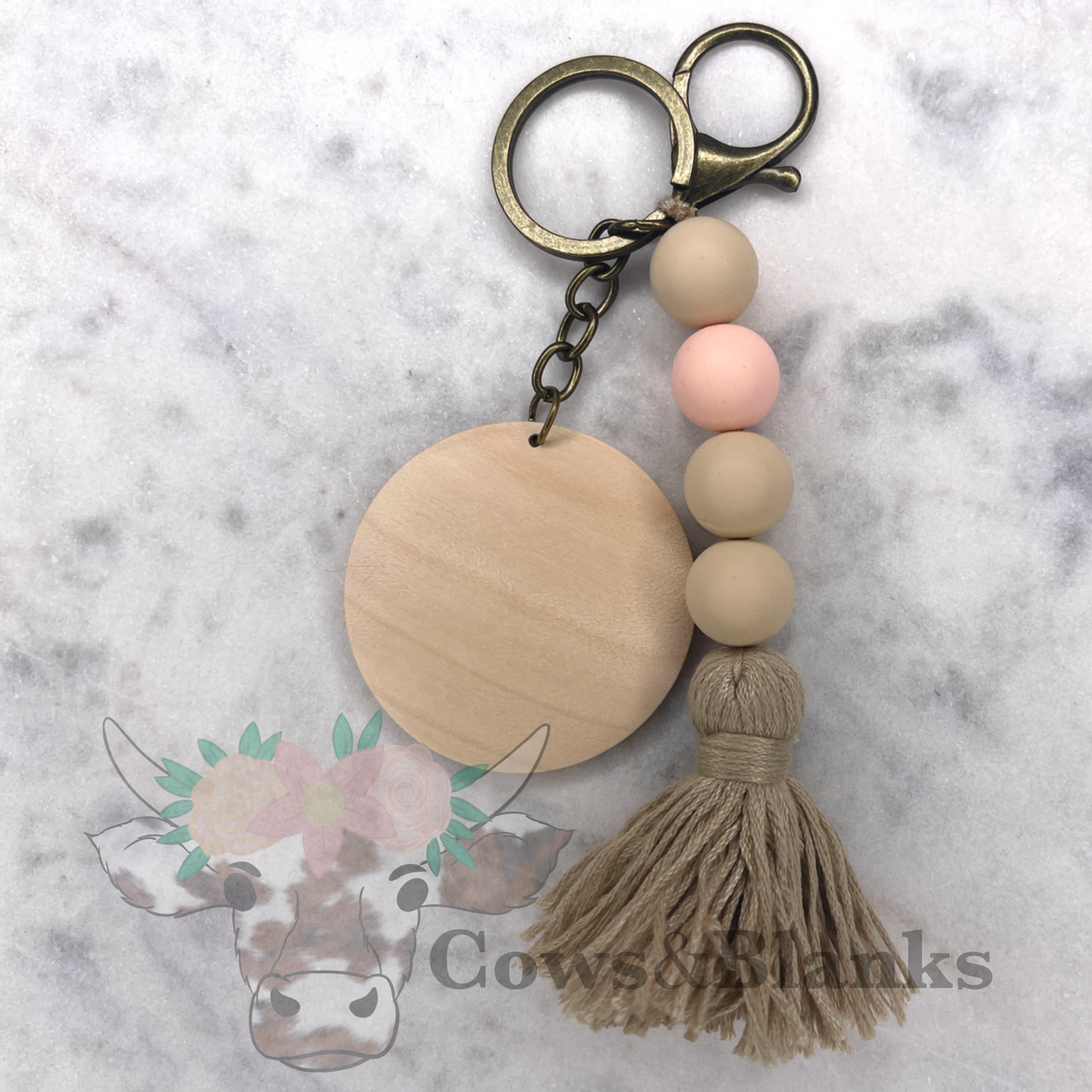 BOHO NATURAL BEADS KEYCHAIN WITH SILICONE BEADSWITH TASSEL WITH WOODEN DISC