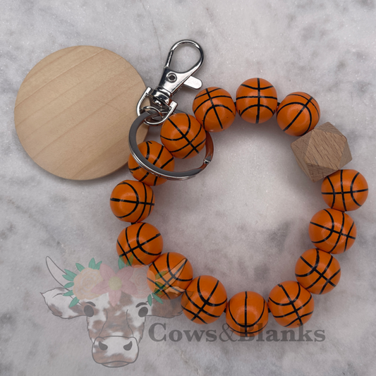 Sports: Basketball Wooden Wristlet Bracelet Keychain