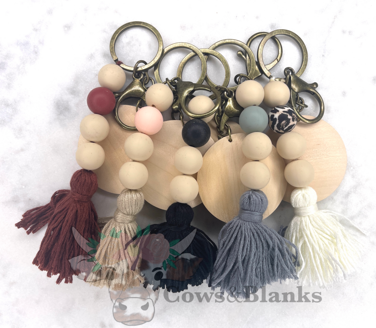 BOHO NATURAL BEADS KEYCHAIN WITH SILICONE BEADSWITH TASSEL WITH WOODEN DISC
