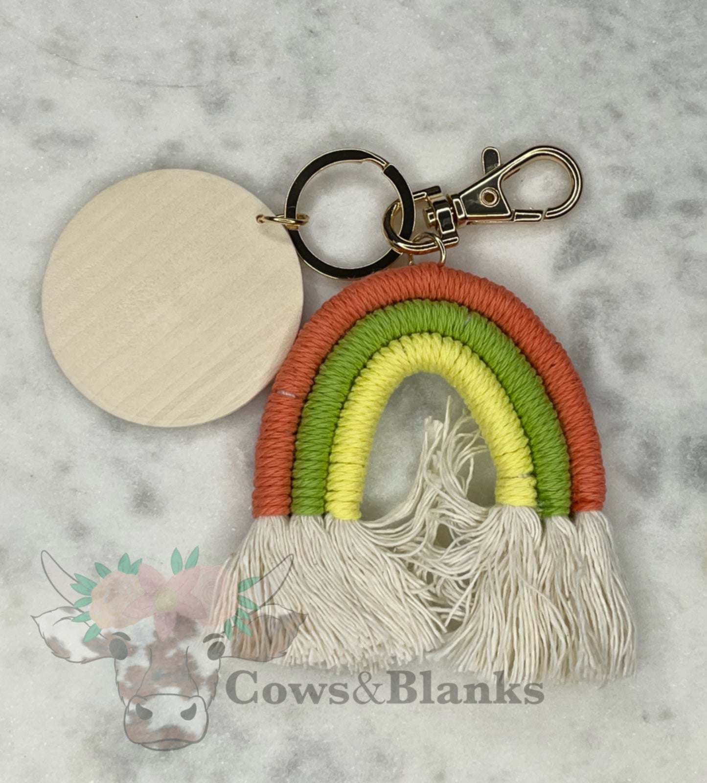 BOHO MACRAME RAINBOW KEYCHAINS WITH A WOODEN DISC