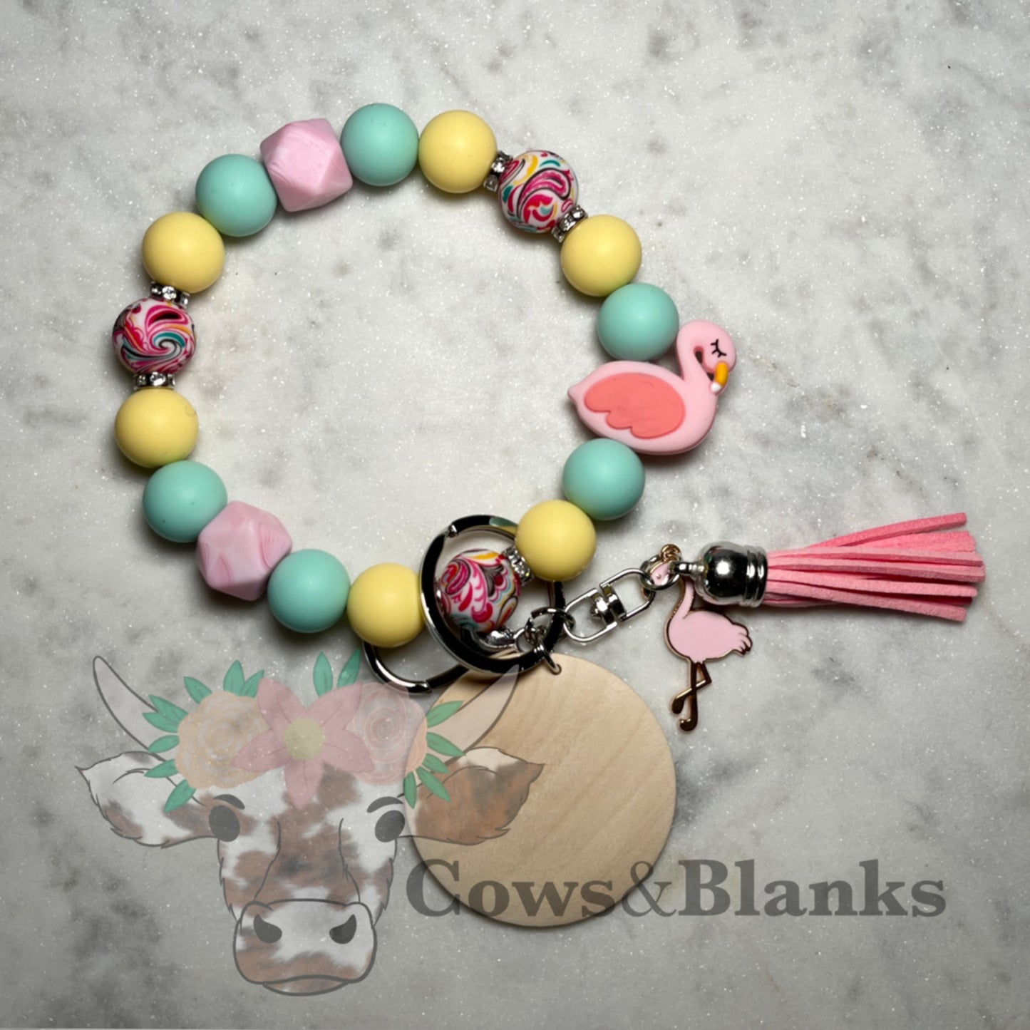 Flamingo Shaped Bead and Charm Silicone Beaded Stretch Wristlet Bracelet Keychain with Wooden Disc and Tassel