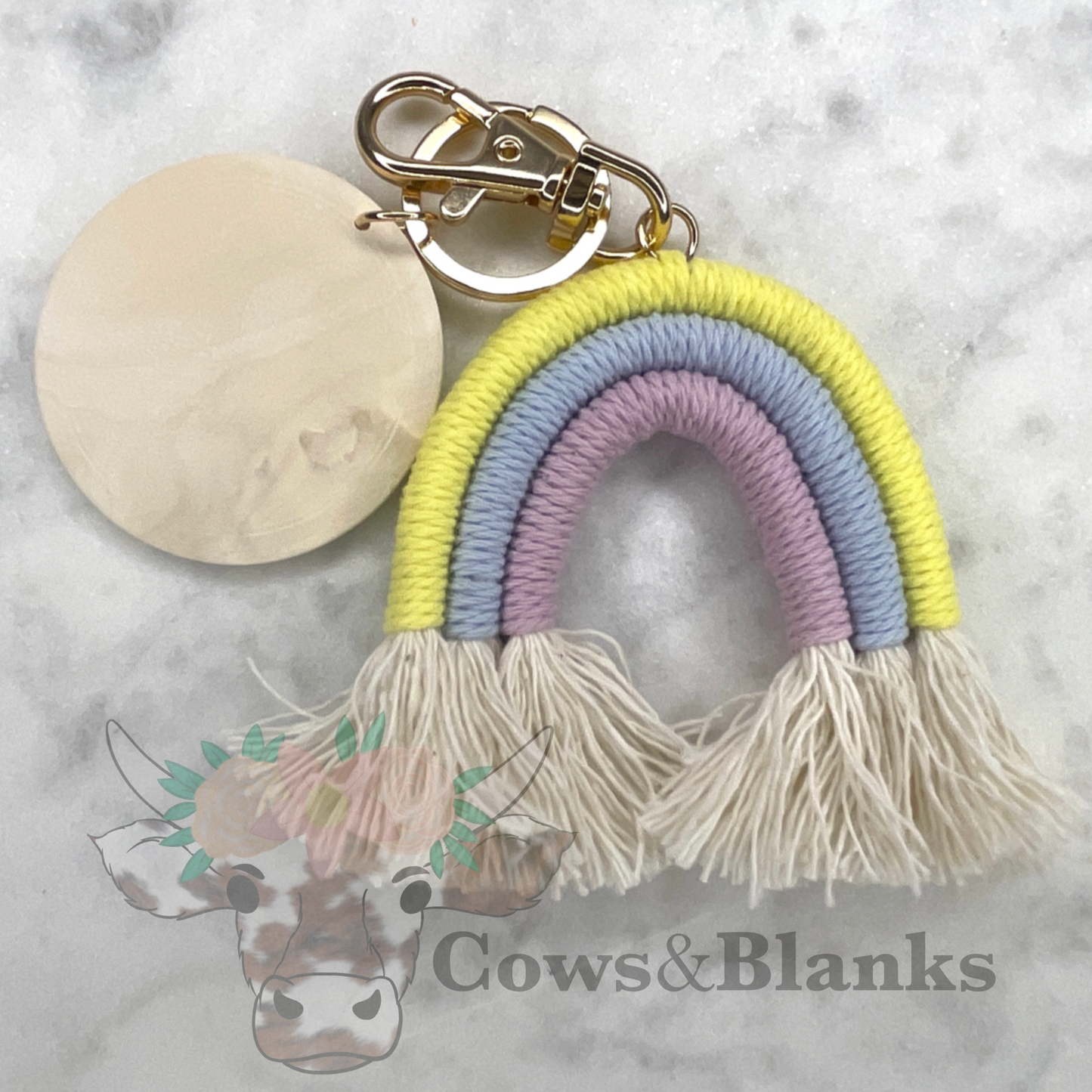BOHO MACRAME RAINBOW KEYCHAINS WITH A WOODEN DISC