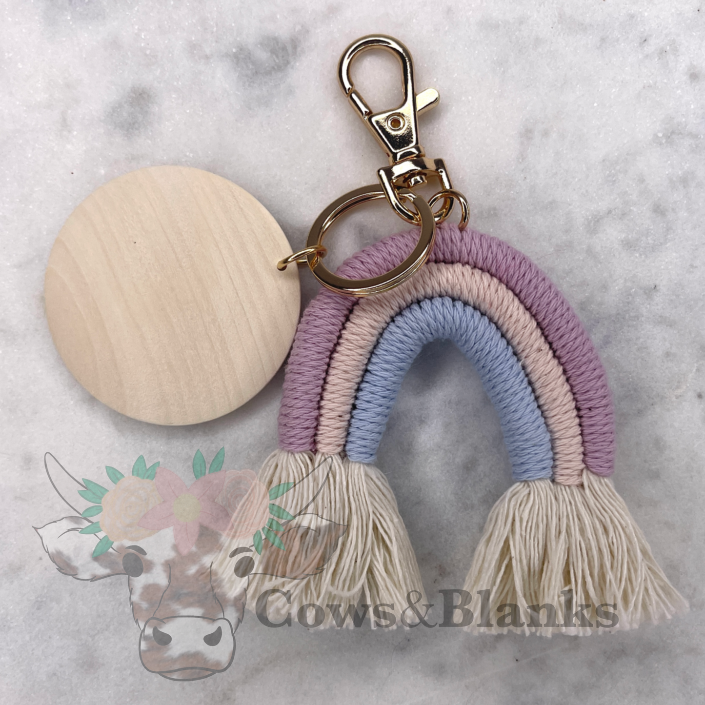 BOHO MACRAME RAINBOW KEYCHAINS WITH A WOODEN DISC