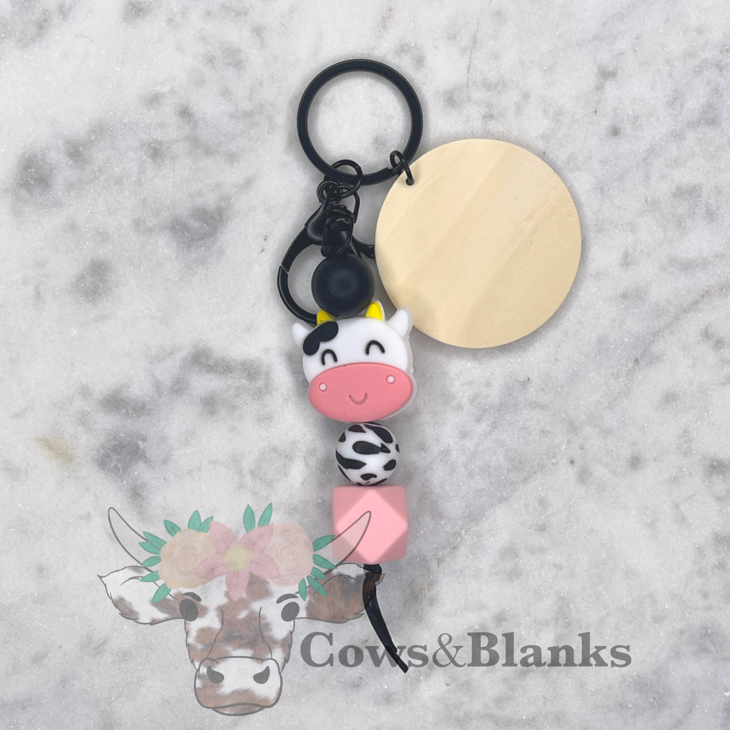 Cow Silicone Bead Keychain Car Bag Pendant with Wooden Disc