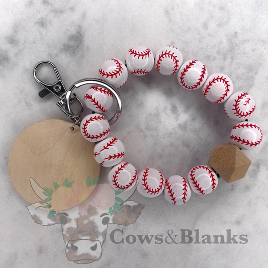 Sports: Baseball Wooden Wristlet Bracelet Keychain