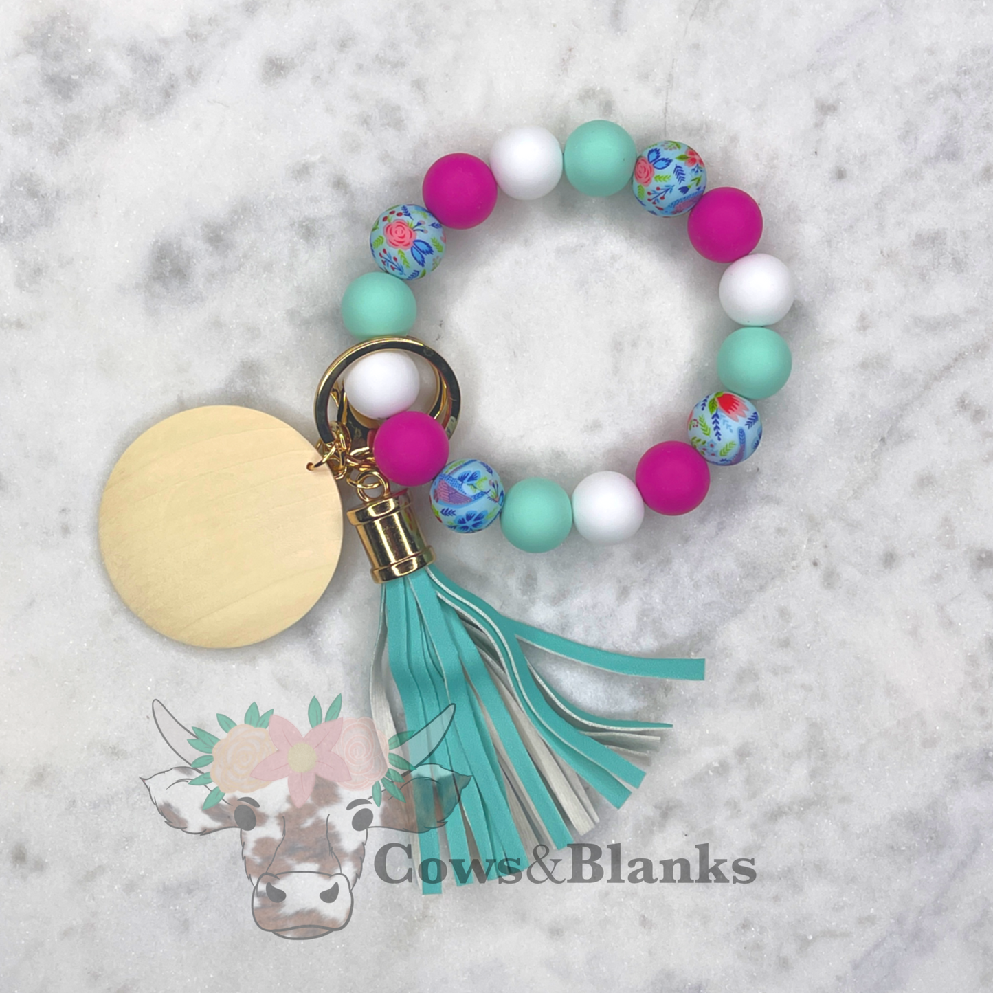 Floral Accent With Bird Silicone, Teal, Hot Pink, & White Beaded Stretch Wristlet Bracelet Keychain with Wooden Disc and Tassel